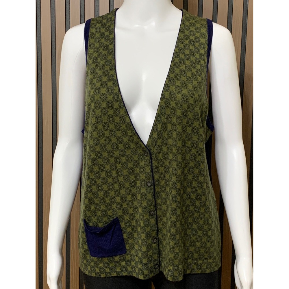 Lands End Italian Spun Merino Wool Vest Olive Navy Geometric Button Front L 14